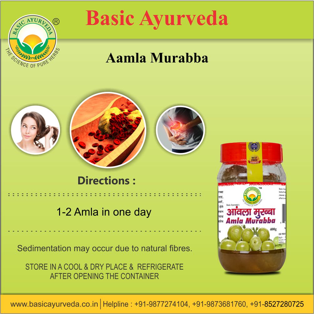 BASIC AYURVEDA Amla Murabba (Candied Indian Gooseberry Delicious) 400 Gm | Pure Natural Toothsome Dried Aamla Marmalade | Ultimate Organic Classic Aamla Fruit | With Jar Pack Sweet Taste