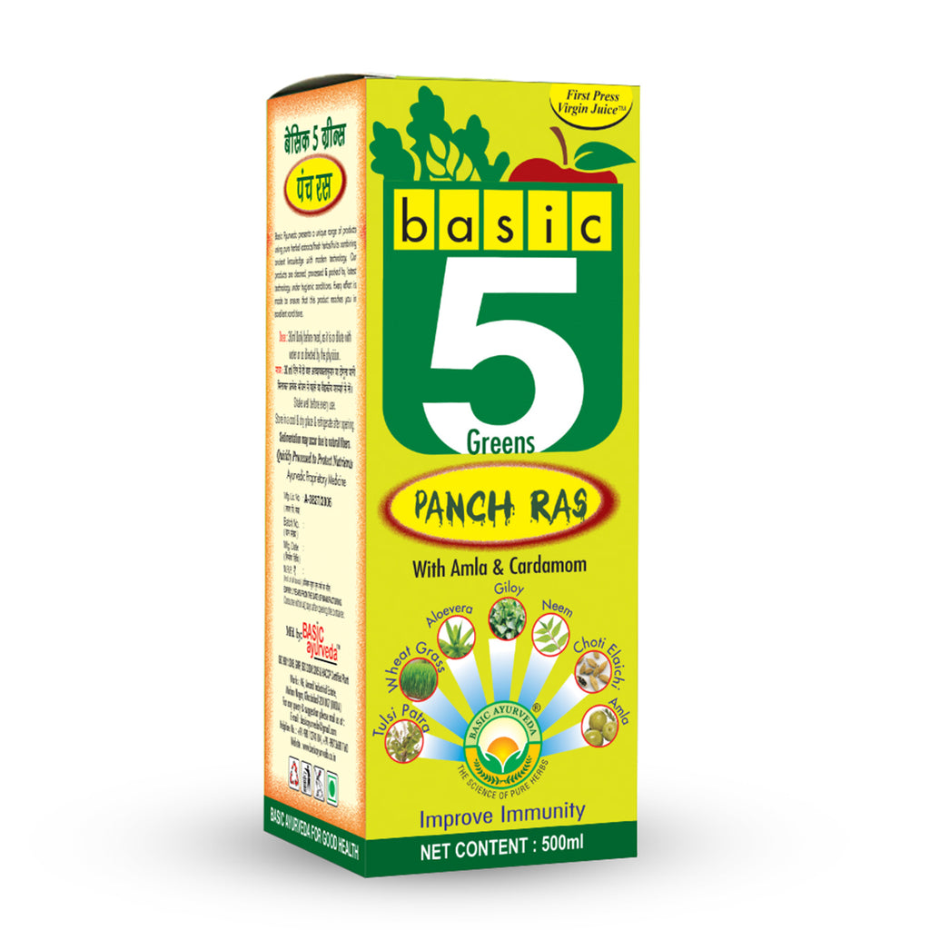 Basic Ayurveda Basic 5 Green Panch Ras |  Juice | Improve Immunity| Energetic Drink | Anti Hair Fall | Maintain Cholesterol Level | Beneficial in Stomach Problems.