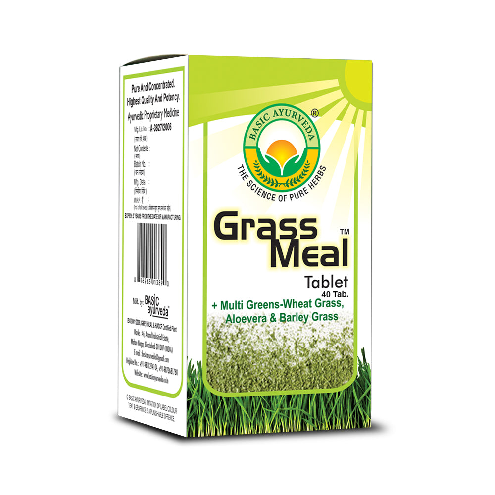 Basic Ayurveda  Grass Meal Tablet (40 Tablet) | Fatigure | General weakness | Weight loss | Body Cleanser | Muscles Rebuilder | Natural source of energy |