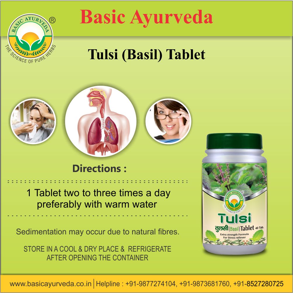 Basic Ayurveda  Tulsi (Basil) Tablet (40 Tablet) | Respiratory disorder | Helpful for cold & cough | Anti-stress | Useful in Eye disorder.