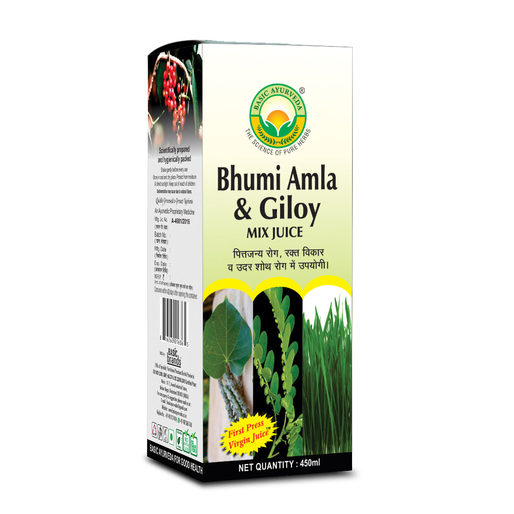 Basic Ayurveda Bhumi Amla & Giloy Mix Juice (Wheat Grass Yukta) | 100% Organic Natural Herbal Juice | Increases immunity power | Useful in jaundice and liver dysfunction | Useful in skin diseases, stains, and circles .