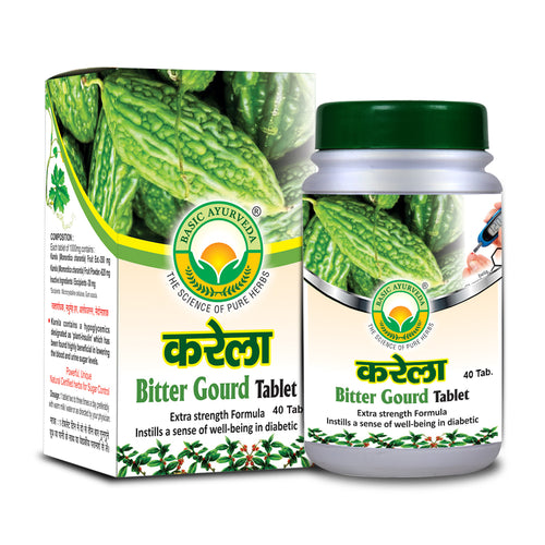 Basic Ayurveda  Karela  (Bitter Gourd) Tablet (40 Tablet) | Helpful for Lower blood glucose level | Helpful for Lower urine sugar levels | Helpful in blood disorders |